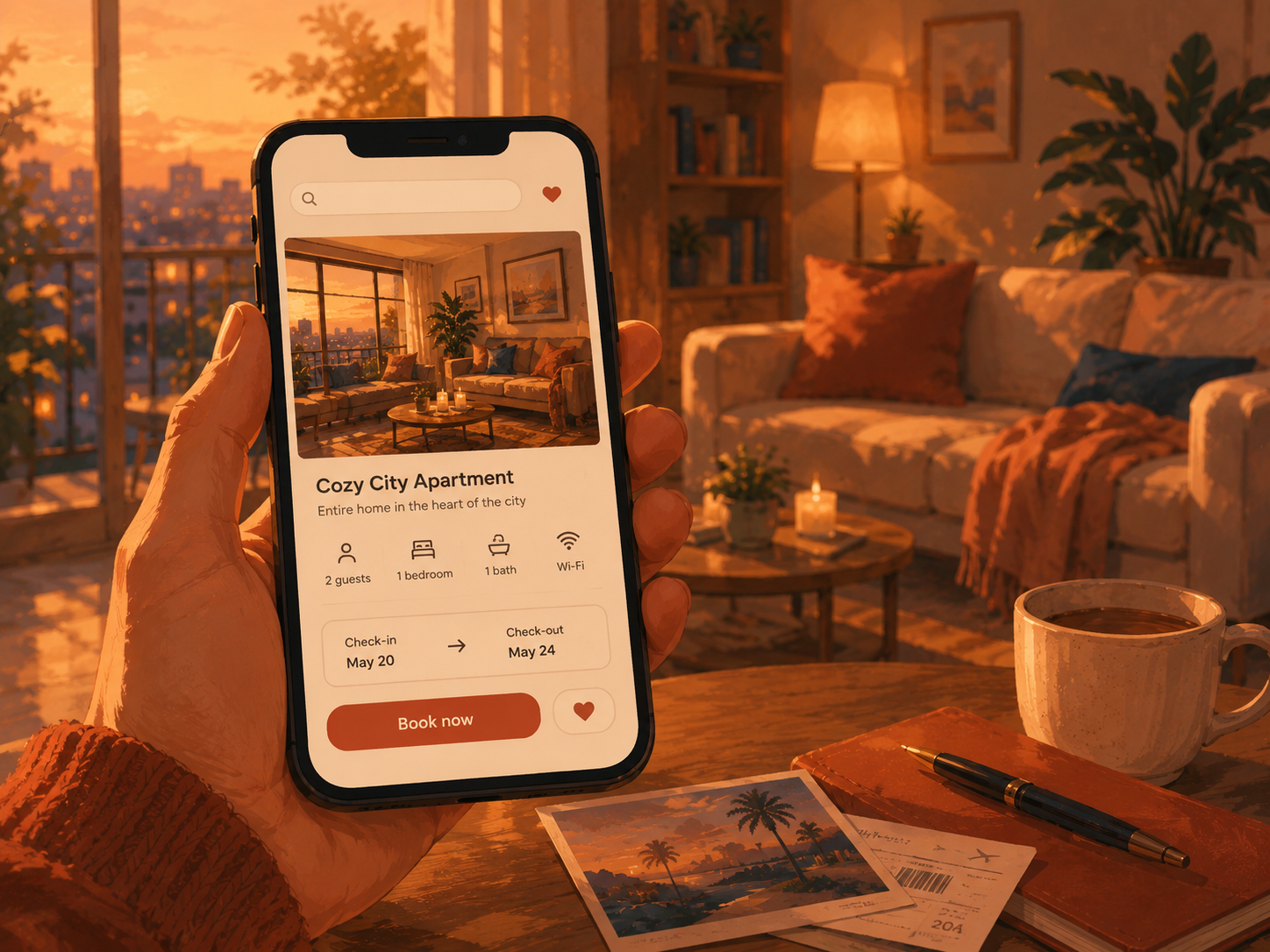 Hand holding a smartphone showing an Airbnb Cozy City Apartment listing inside a warm cozy apartment
