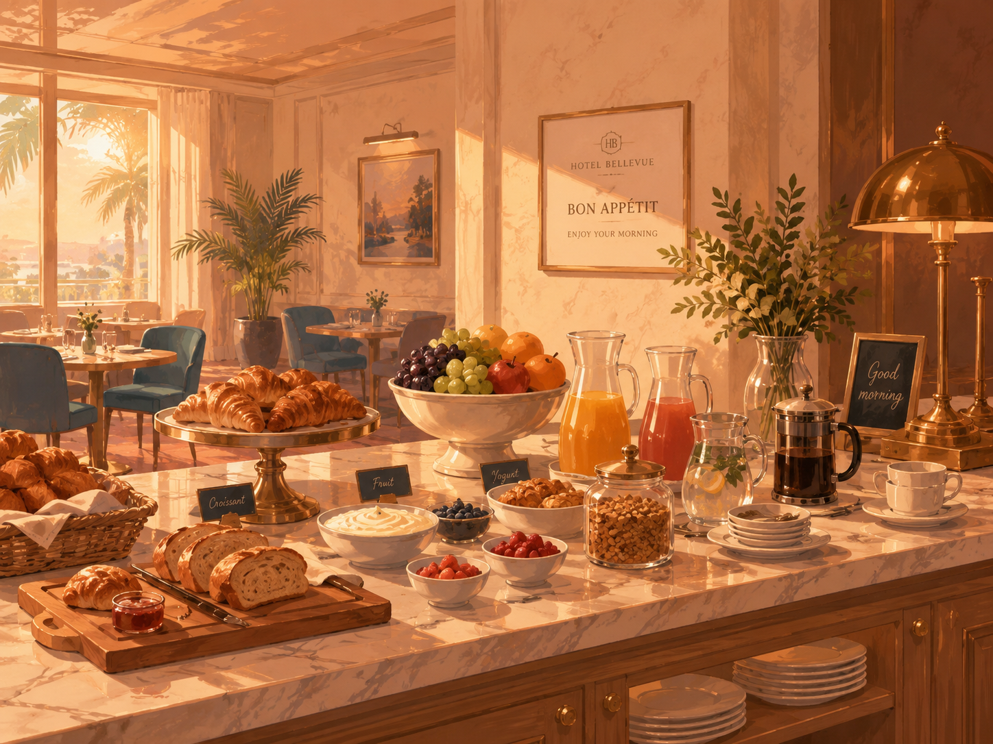 Hotel breakfast buffet with croissants, fresh fruit, orange juice, coffee and a Bon Appétit sign on marble