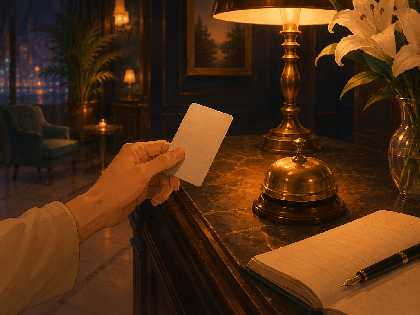 A hand holding a hotel key card at a warm brass-lit reception desk with a bell and a lily bouquet