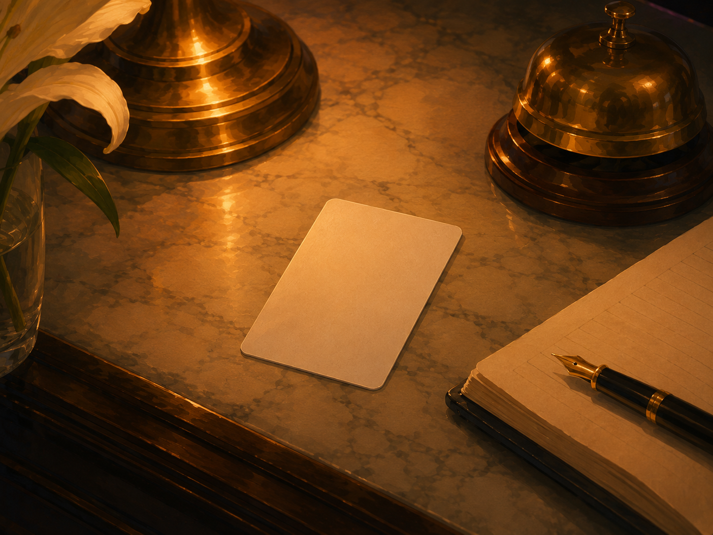 Close-up of a hotel key card on a marble desk beside a brass bell and a fountain-pen guest book