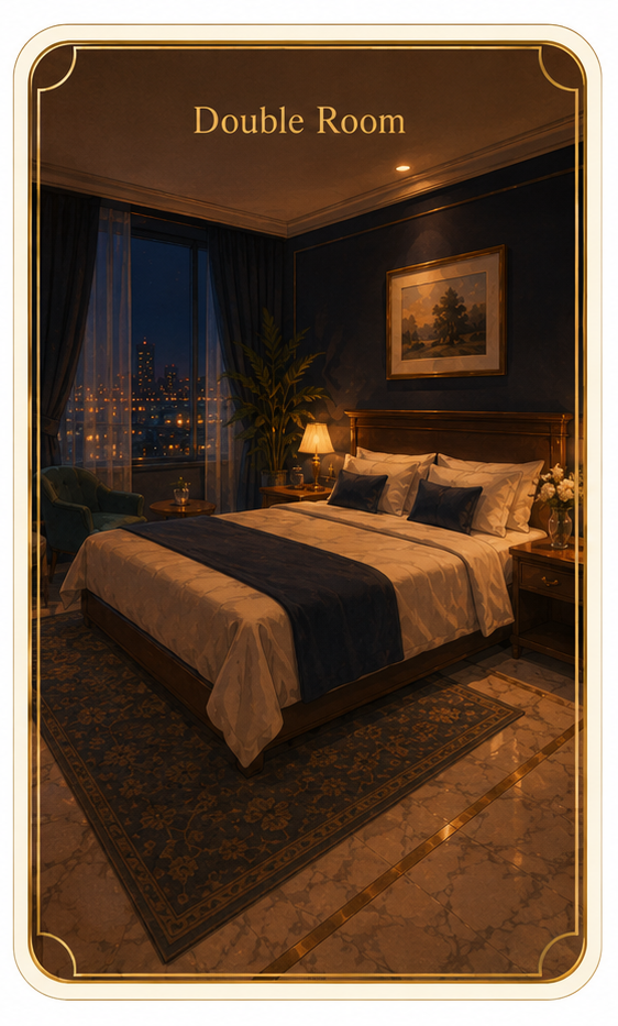 Elegant double hotel room at night with one big bed, city view and dark navy walls