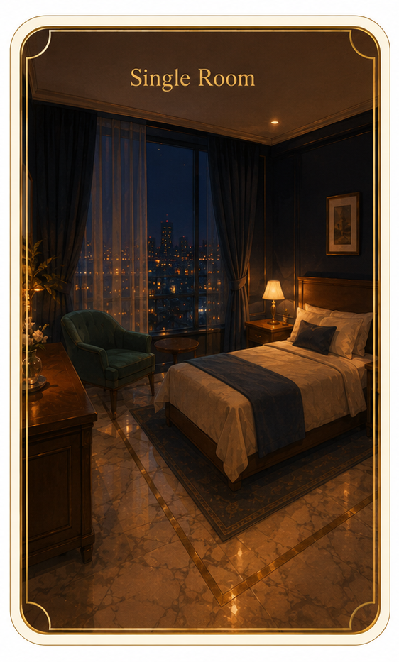 Elegant single hotel room at night with one bed, city view and green armchair