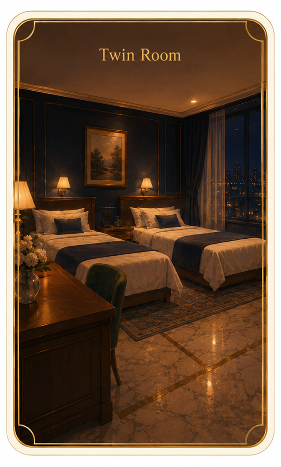 Elegant twin hotel room at night with two separate beds side by side