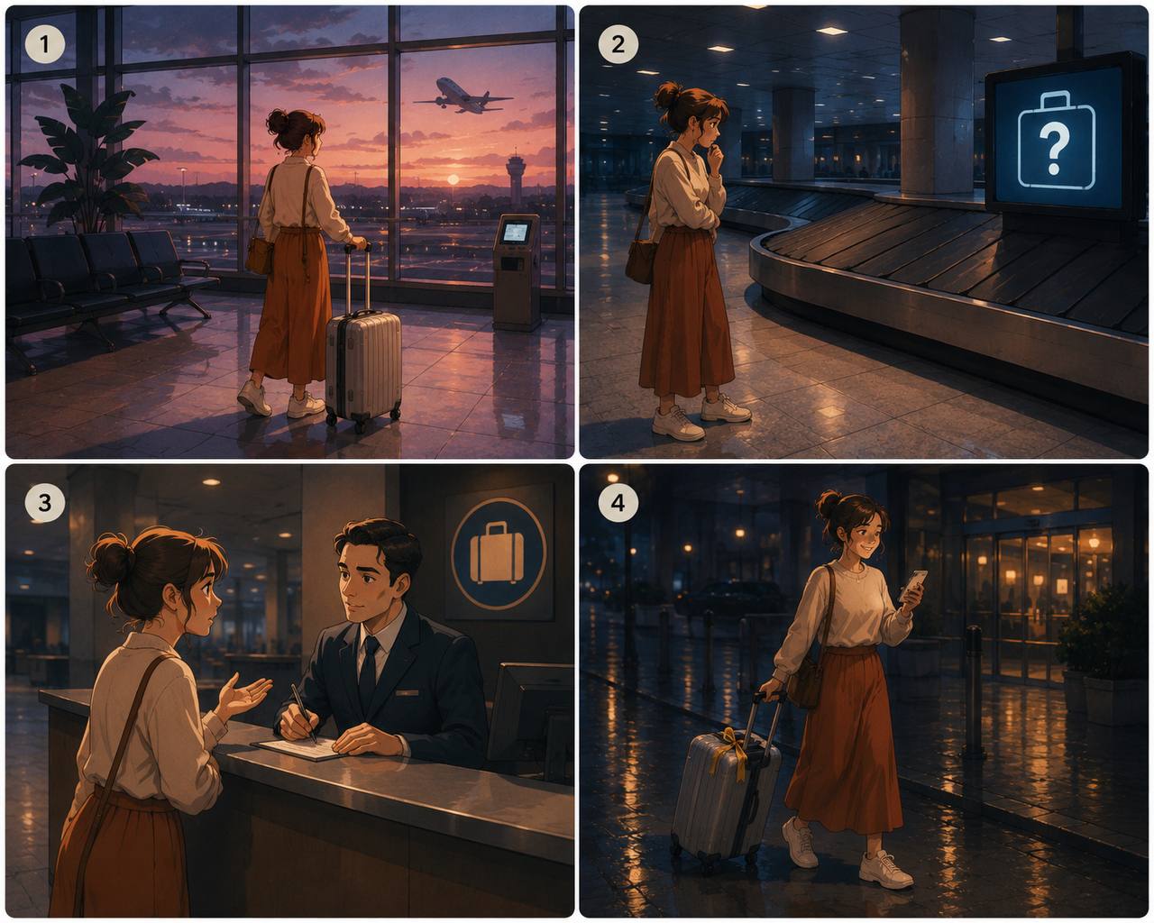 Four-panel comic strip of Anna's missing suitcase journey: airport gate, baggage claim, airline desk, hotel arrival.