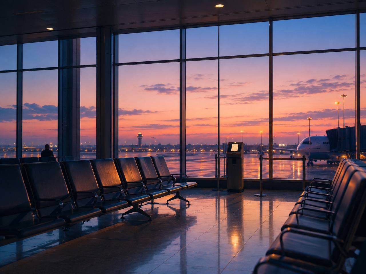 Empty airport gate at dawn — sunrise through floor-to-ceiling windows