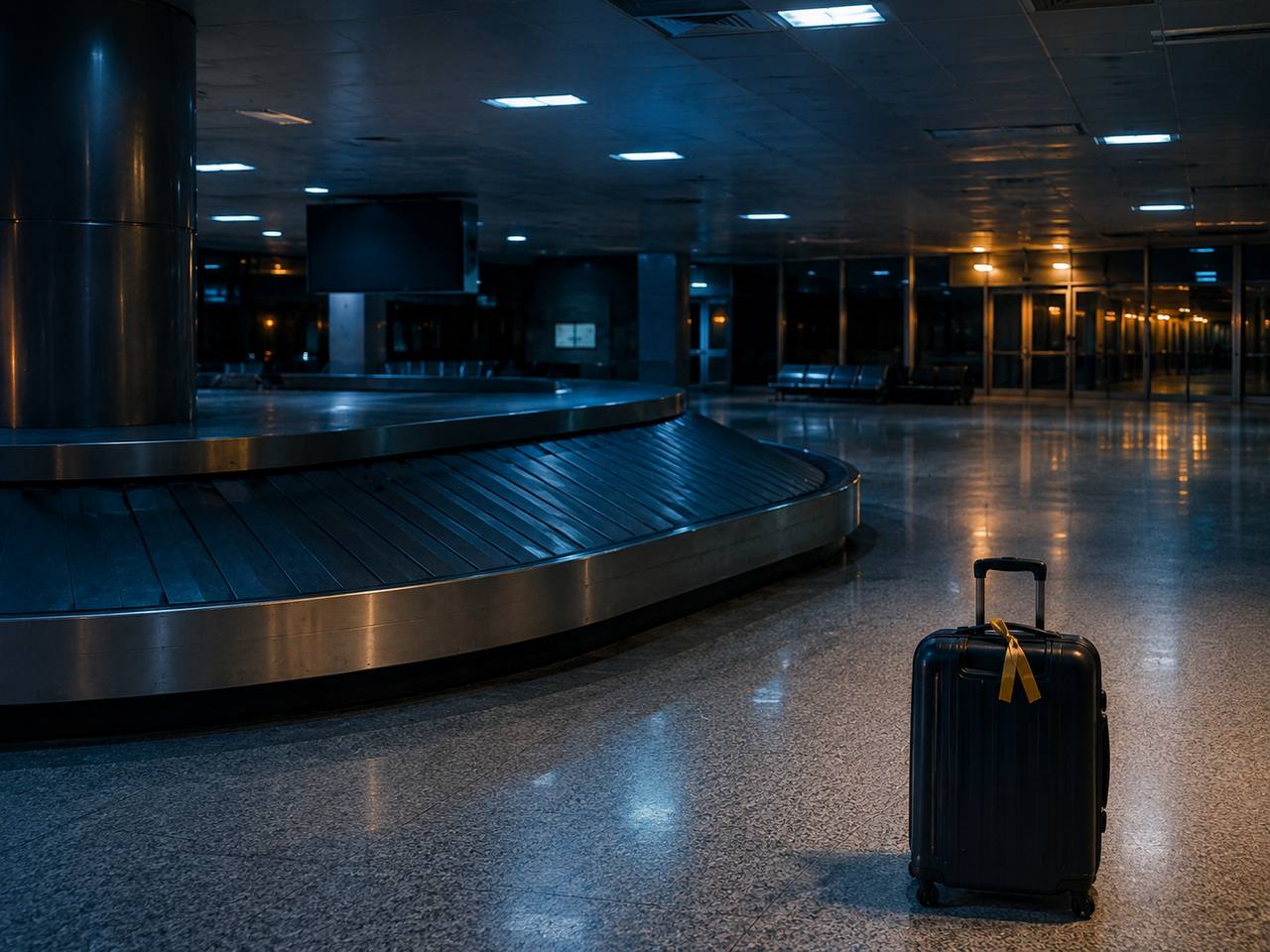 Quiet airport baggage claim at night — dark suitcase with a yellow ribbon on the floor