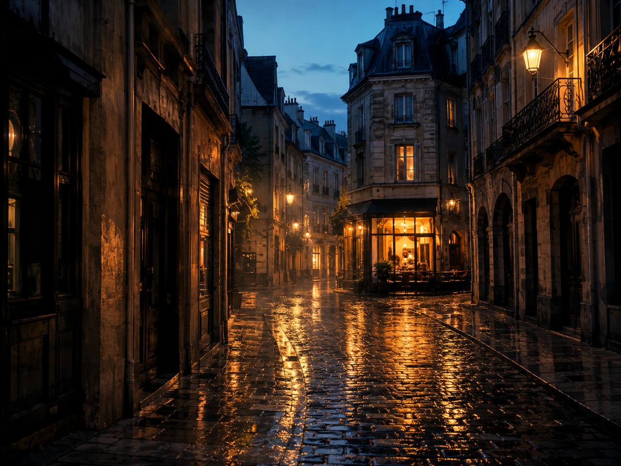 Narrow old-town street after rain — wet cobblestones and a glowing café window