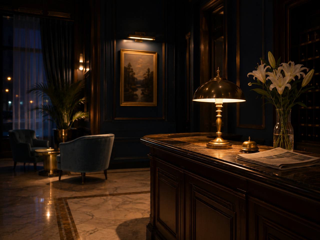 Boutique hotel lobby at midnight — brass desk lamp, white lilies, dark wood reception