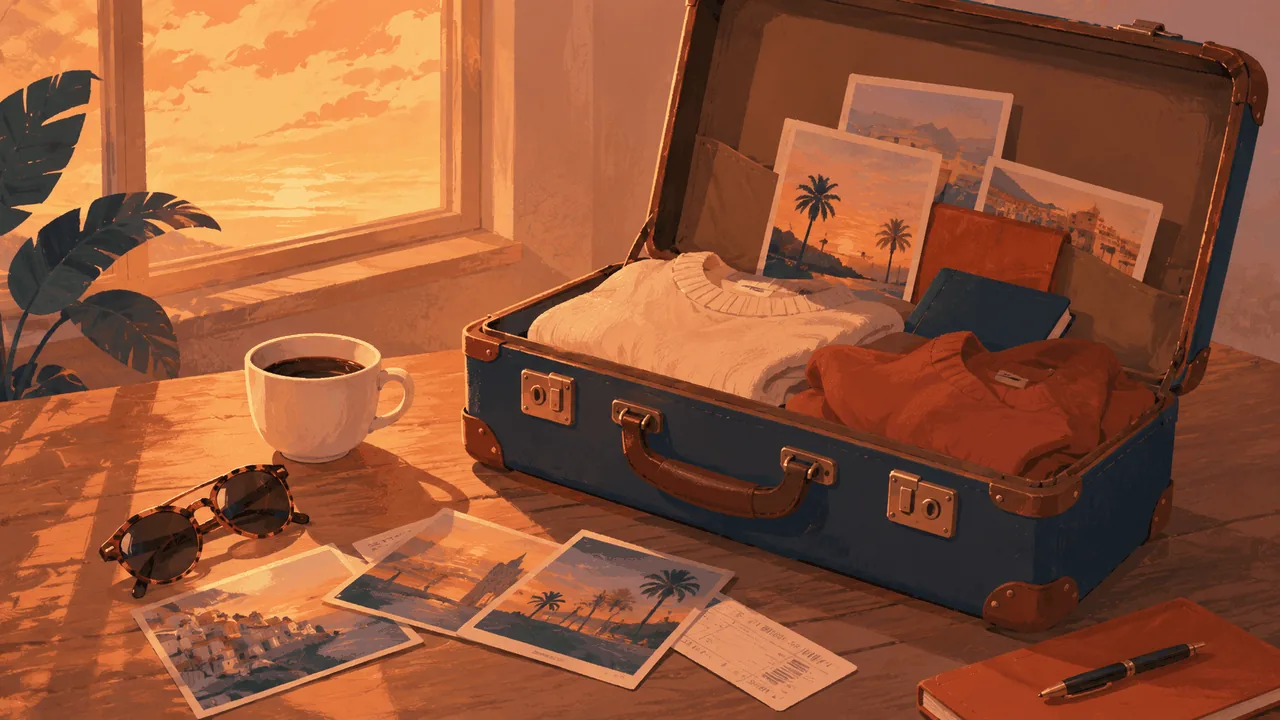 Open suitcase with postcards