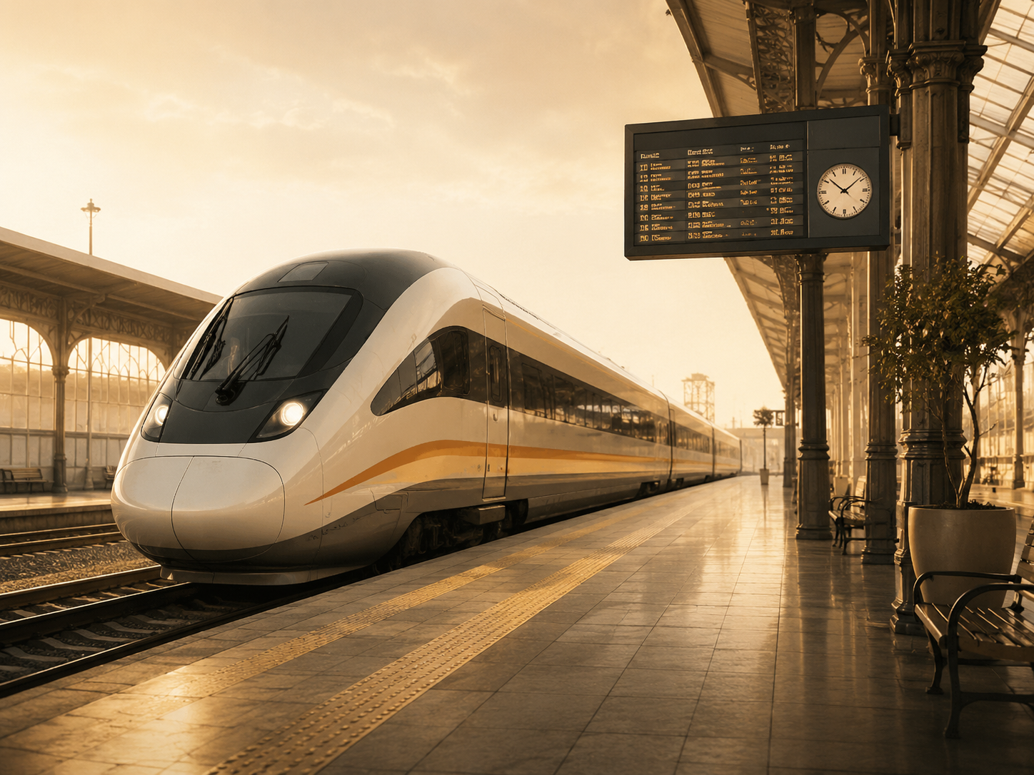 Sleek high-speed white and gold train pulling into a beautiful vintage station platform at sunset, ornate ironwork arches overhead, a large mounted clock and a black departure board with yellow letters, warm golden light on the wet stone