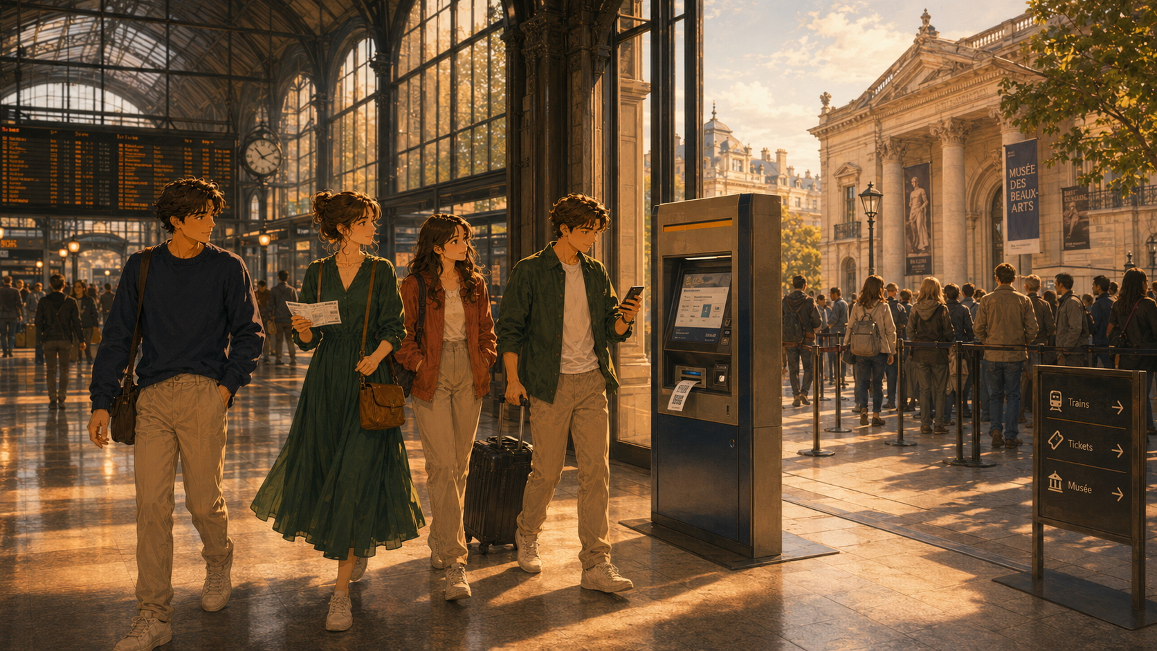 Modern silver vending machine with drinks and snacks and a bright QR-code reader in a warmly lit grand station hall, empty at sunset, ornate columns in the background