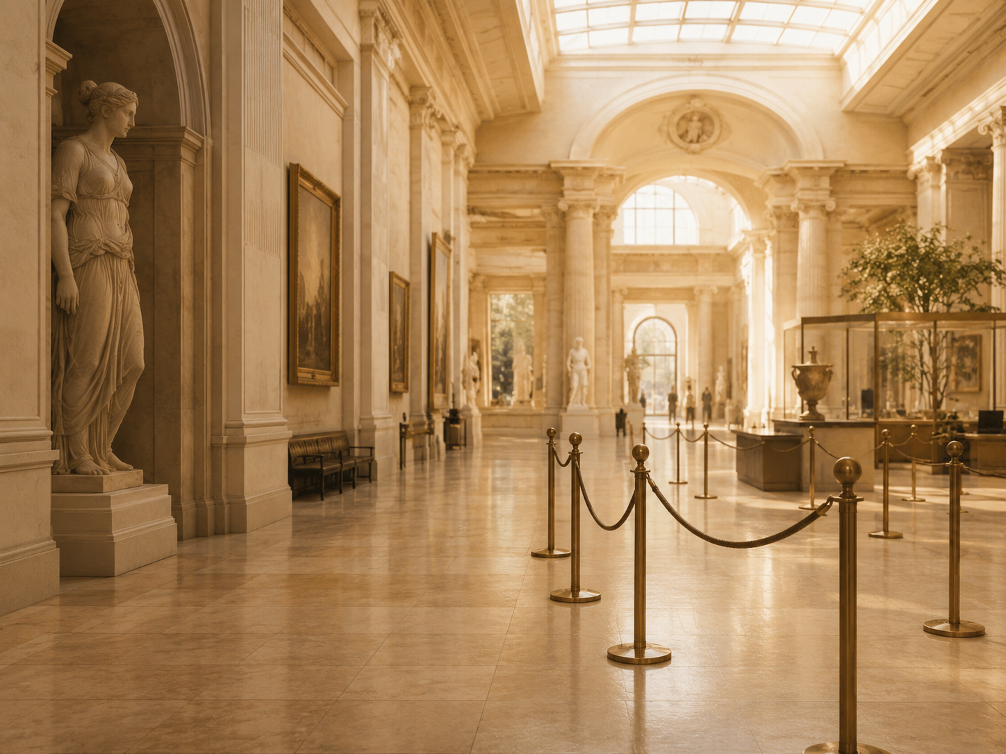 Interior of a grand neoclassical museum with marble columns, statues in alcoves, brass rope stanchions and a distant crowd of visitors, warm sunlight through skylights