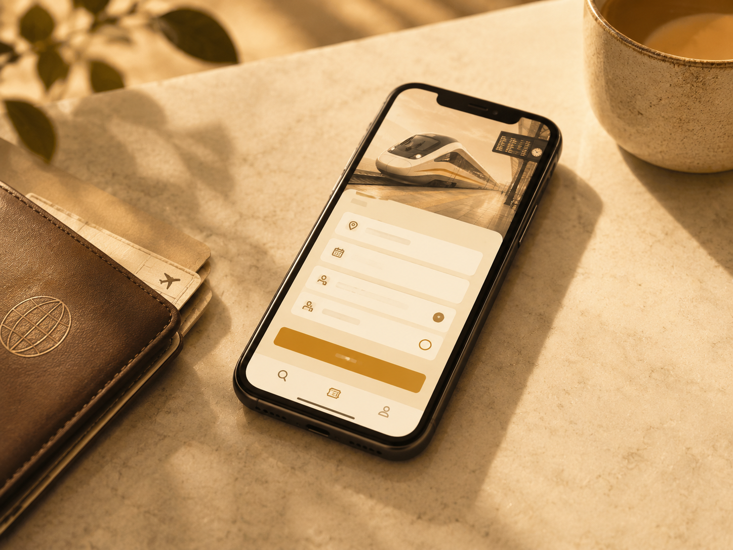 Smartphone on a marble tabletop showing a travel booking app with gold accents, a leather passport wallet next to it, a cup of coffee, warm morning light
