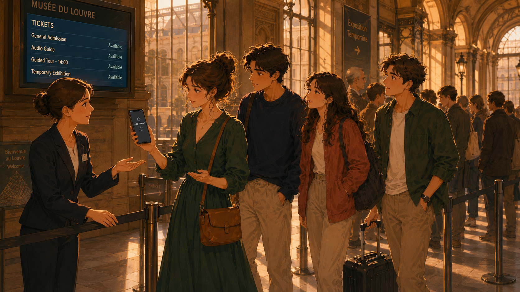 A friendly museum staff member behind a Musée du Louvre ticket counter shows a tablet to a young woman with a smartphone. Big information board behind reads TICKETS General Admission Available, Audio Guide Available, Guided Tour 14:00 Available, Temporary Exhibition Available. Three more friends stand behind her in warm golden light