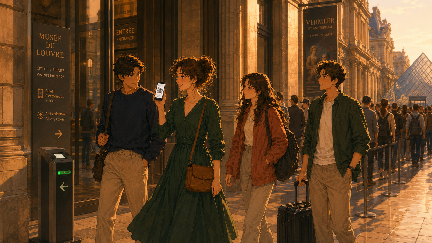 A young woman holds up her smartphone showing a QR code at the entrance of the Musée du Louvre, three friends behind her, the Louvre pyramid visible on the right, a queue of visitors and a Vermeer exhibition banner on the wall. Warm afternoon light