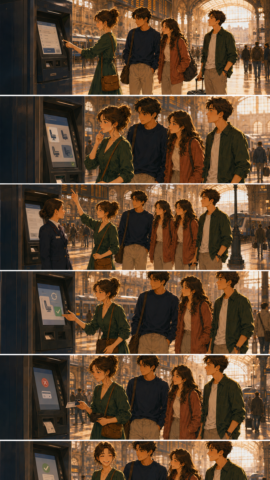 Six-panel vertical storyboard: young woman at a train-station TICKETS vending machine. Panel 1: she touches the screen while three friends look on. Panel 2: close-up of her fingers scrolling. Panel 3: she raises a hand — question. Panel 4: she touches Confirm. Panel 5: payment declined, she picks up her ticket wallet. Panel 6: green tick — Ticket booked, she smiles. Warm sunset light through station windows