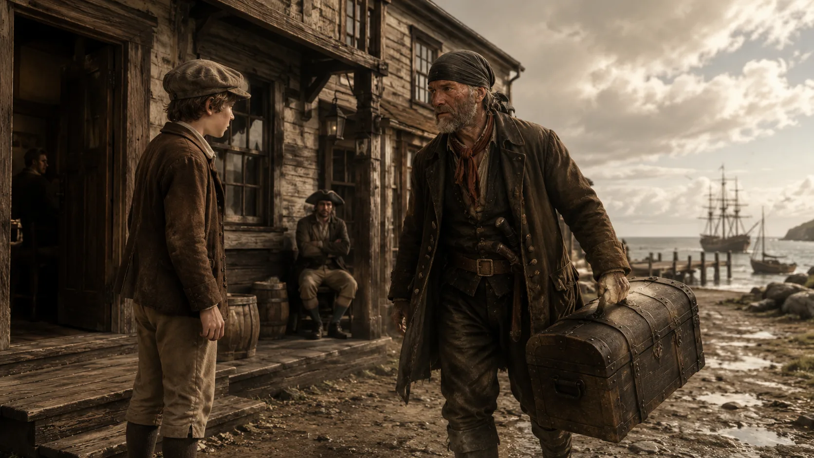 The Admiral Benbow inn on the coast at dusk. Young Jim Hawkins watches as a tall dark-bearded sailor in a red bandana walks up carrying a heavy sea chest. A masted ship anchors in the bay behind him. A second seated figure sits by a barrel.