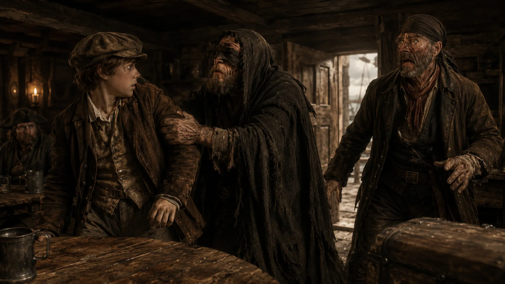 Inside the smoky inn. Jim stands frozen as a blind man in a dark hooded cloak grips his arm with one hand, gesturing toward the captain who is backing away, cornered by the sea chest.