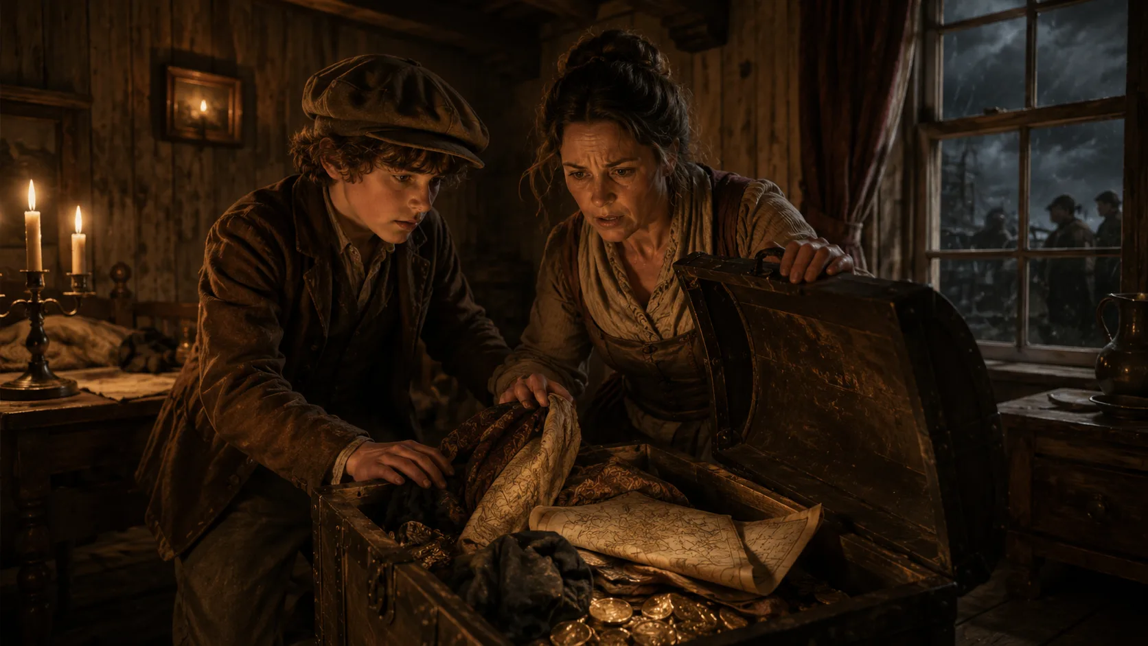 Candlelit bedroom at night. Jim and his mother lean over the open sea chest, unfolding an old map. Gold coins spill from a corner of the chest. A silhouette of a rider appears in the window behind them.