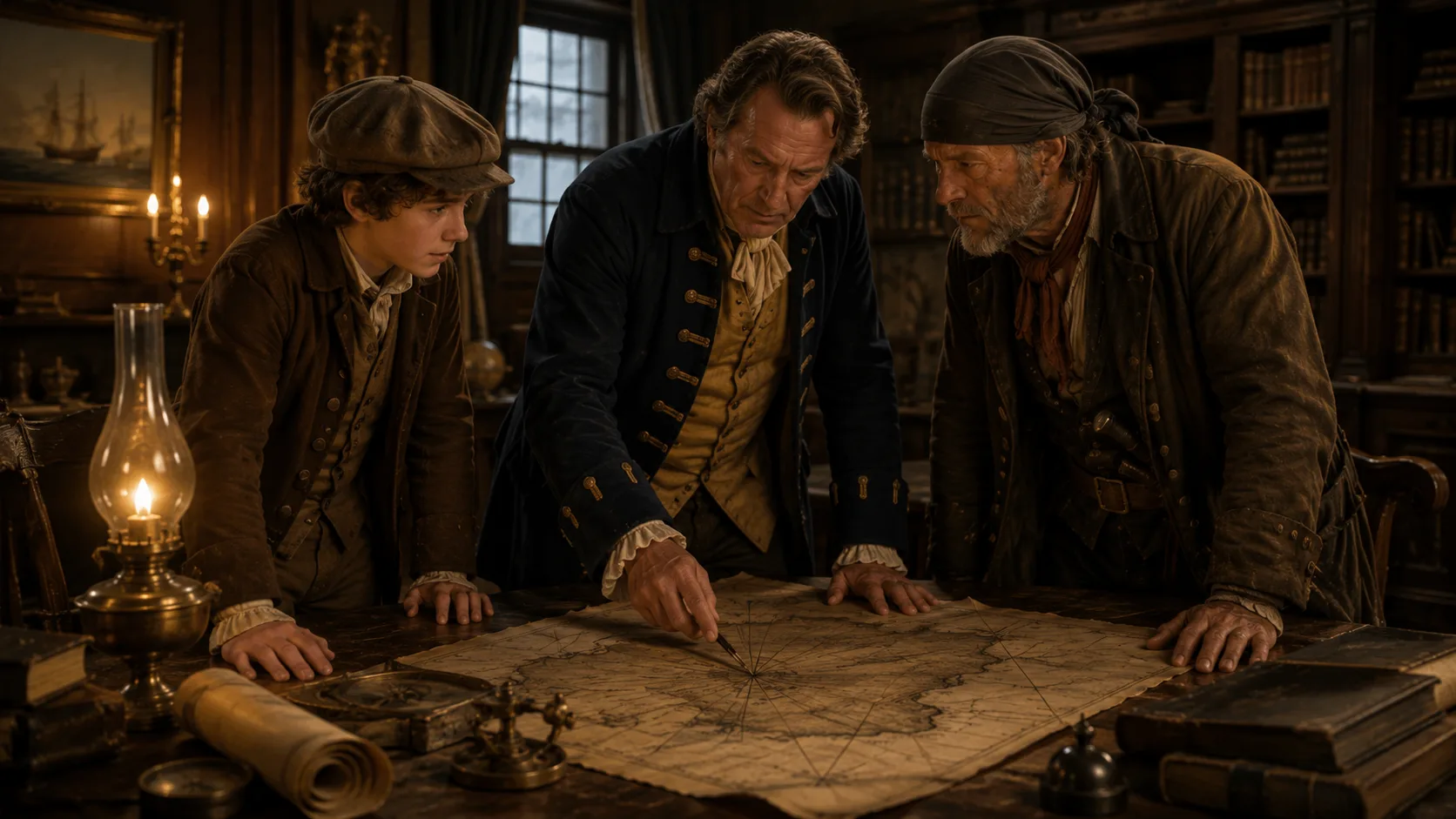 Squire Trelawney's warm study. Dr. Livesey and the Squire lean over Flint's treasure map spread on a wooden table. Jim stands to one side, a candle-lantern glowing. A framed painting of a ship on the wall behind.