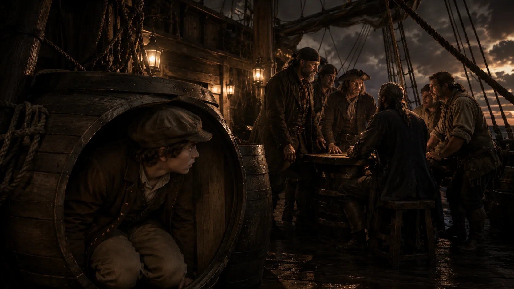 Night on the deck of the Hispaniola. Jim is crouched hidden inside a huge wooden apple barrel, his eyes wide. Behind him at a lantern-lit table, Silver and three sailors lean in, talking in low voices.