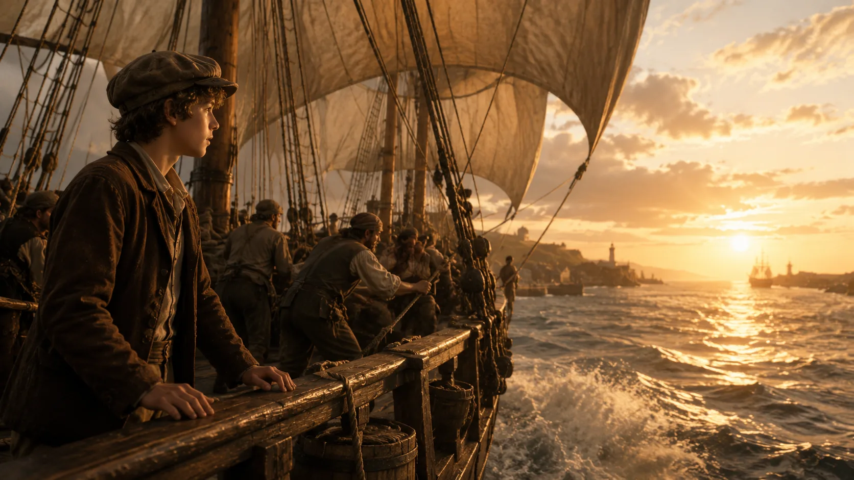 Jim leans on the rail of the Hispaniola at sunset. Behind him, sailors work with sails and ropes, the coastline glowing gold at the horizon. Big open sea.