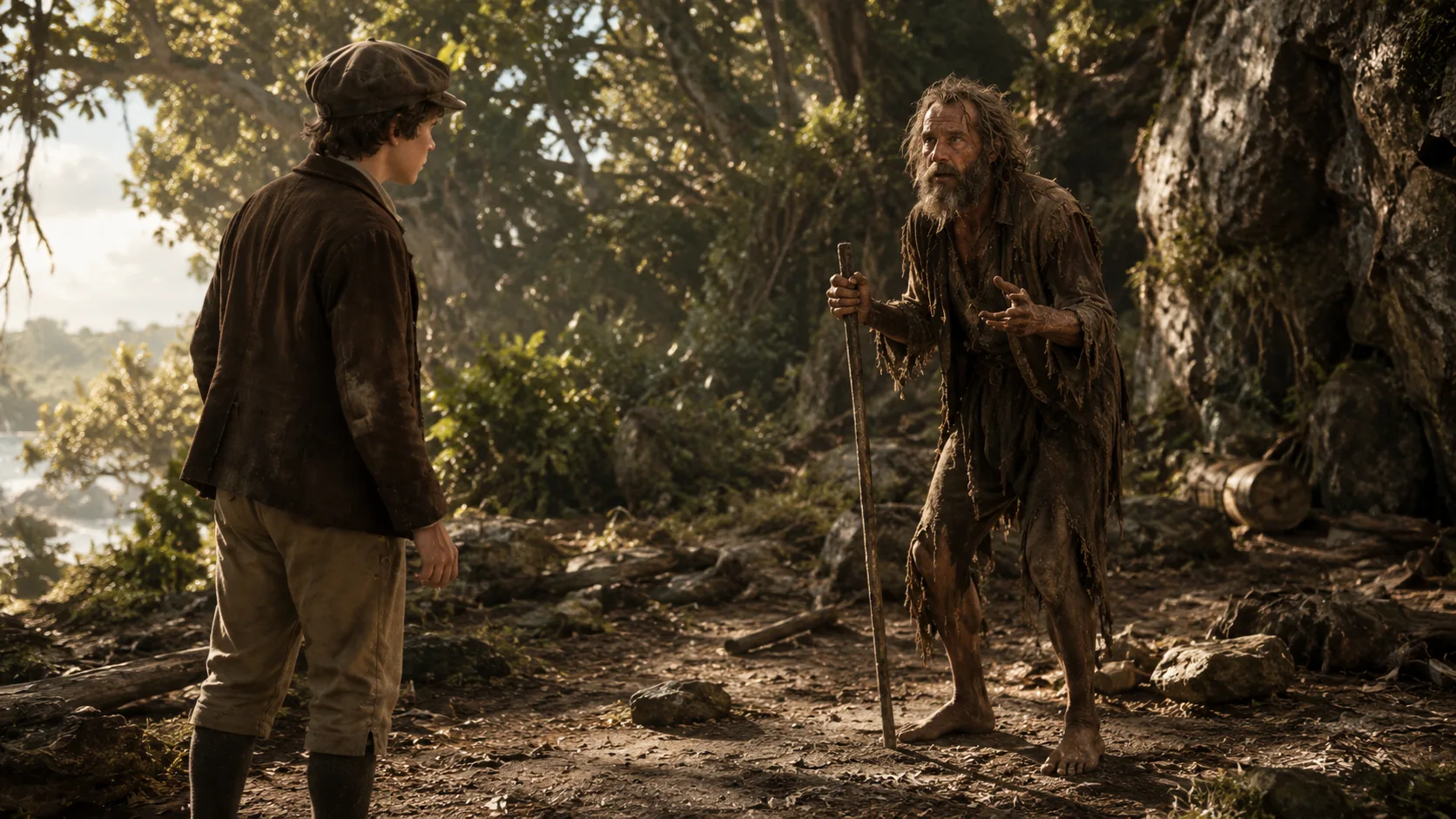 A sunlit clearing at the edge of a cliff. Jim faces a wild bearded man in goat-skin rags, holding a walking staff — Ben Gunn, thin and sun-burned after three years alone on the island.