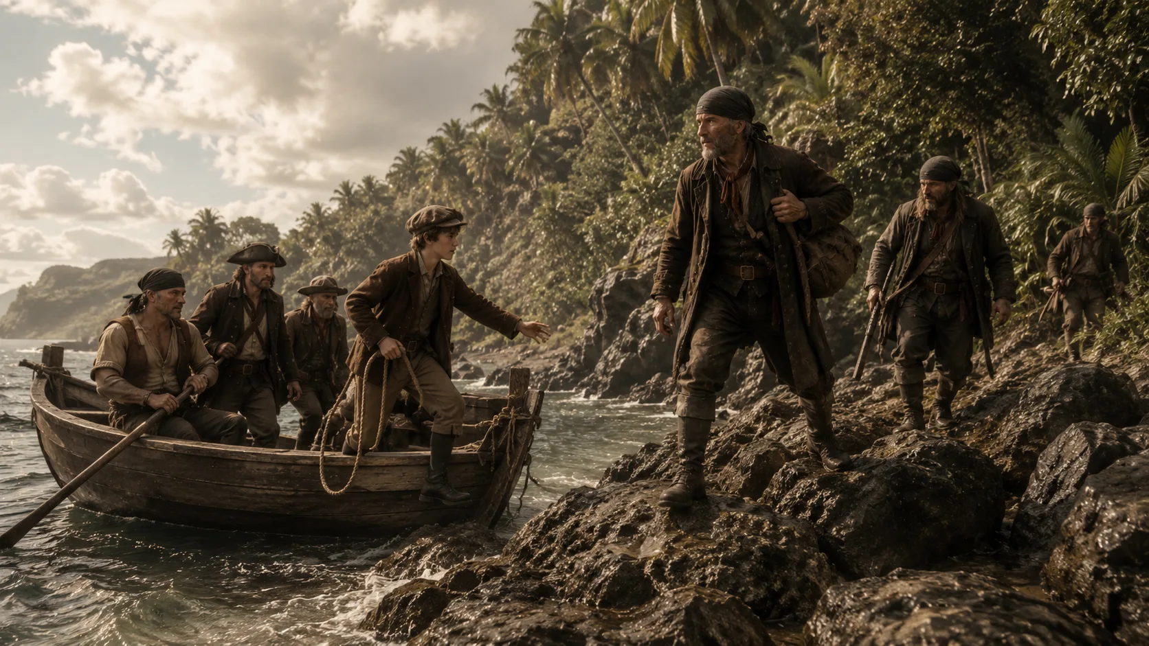 A group of sailors landing on a rocky shore of the island from a wooden boat. Palm trees loom over the beach; one sailor pulls the boat in, another climbs onto the rocks with a rope in hand.