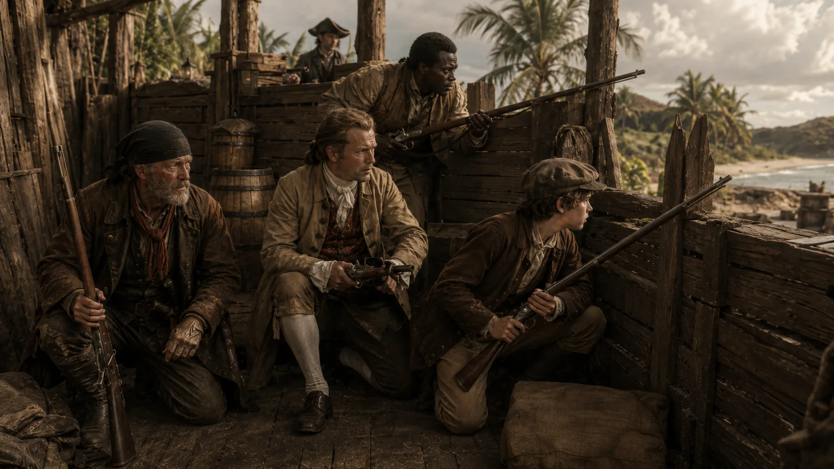 Inside the wooden stockade at midday. Four defenders — an old sailor, the Squire in a white coat, a tall crewman with a musket, and Jim — crouch behind logs with rifles ready, watching the palm-lined edge of the jungle. The sea sparkles in the distance.