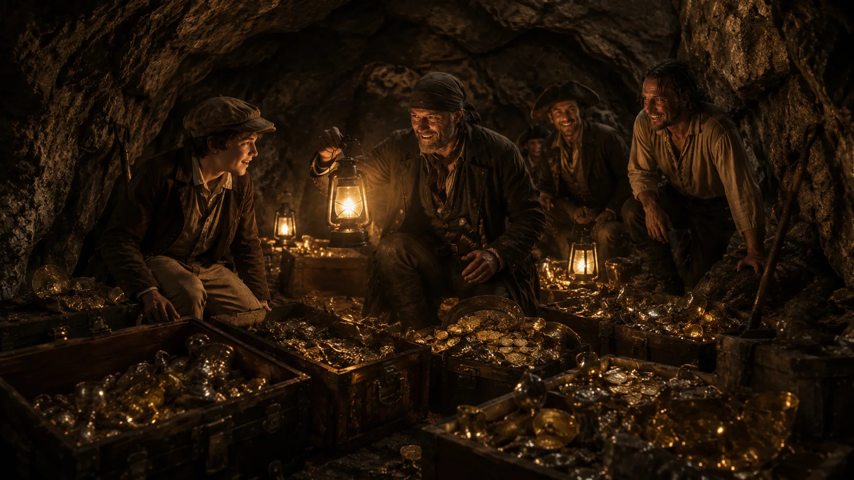 Inside Ben Gunn's cave. Warm lantern light. Four figures — Jim, Ben Gunn, and two crewmen — kneel around open sea chests overflowing with gold coins and silver, torches throwing long shadows on the rocky walls.