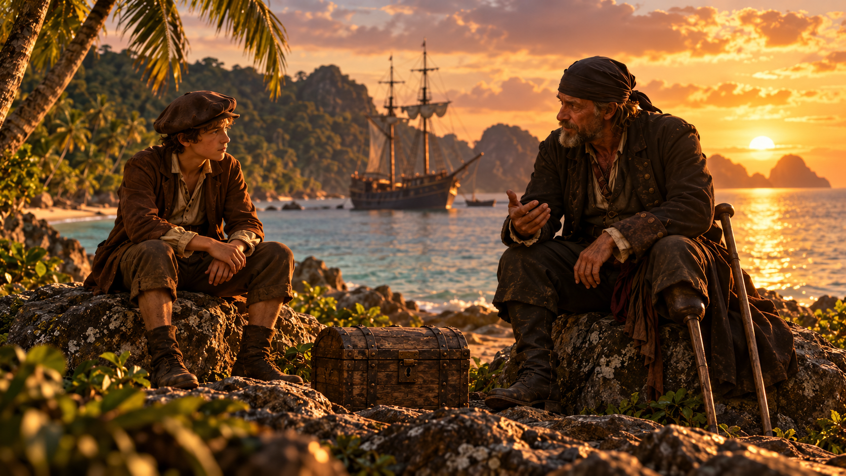 Jim and Long John Silver sitting opposite each other on rocks by the shore at sunset. A small treasure chest between them. The Hispaniola anchored in the bay. Silver gestures with an open hand — speaking, not threatening. Jim listens, calm, no longer a child.