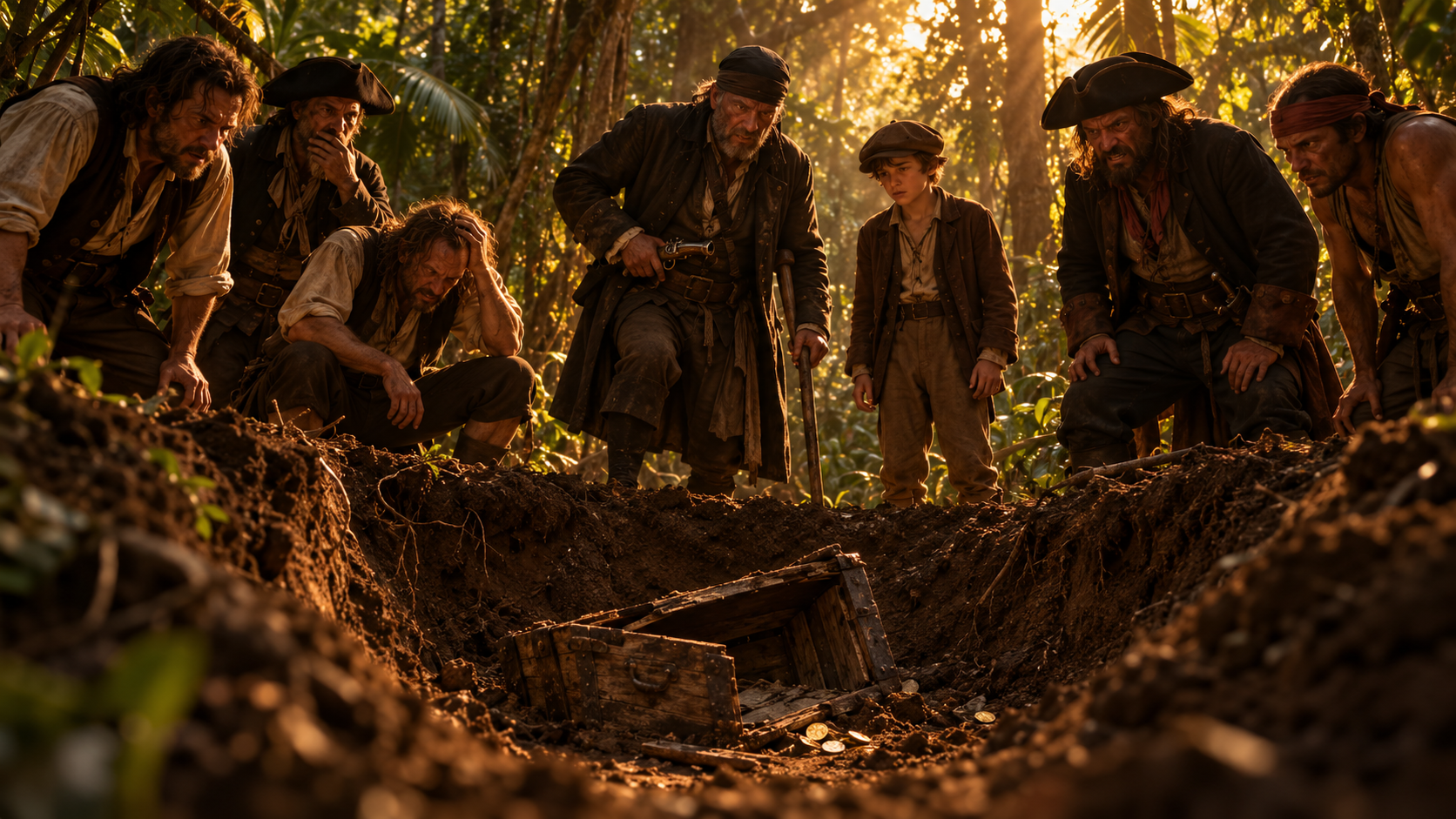 Deep in the tropical forest of Treasure Island. Late afternoon. A large freshly-dug pit in the earth. Around it stand six pirates and one small boy — Jim. In the pit: an old broken chest, a few coins, nothing more. On the men's faces: shock, disbelief, then rage. Long John Silver at the edge of the pit, one hand on his crutch, the other very quietly on the pistol at his belt. Cinematic 16:9.