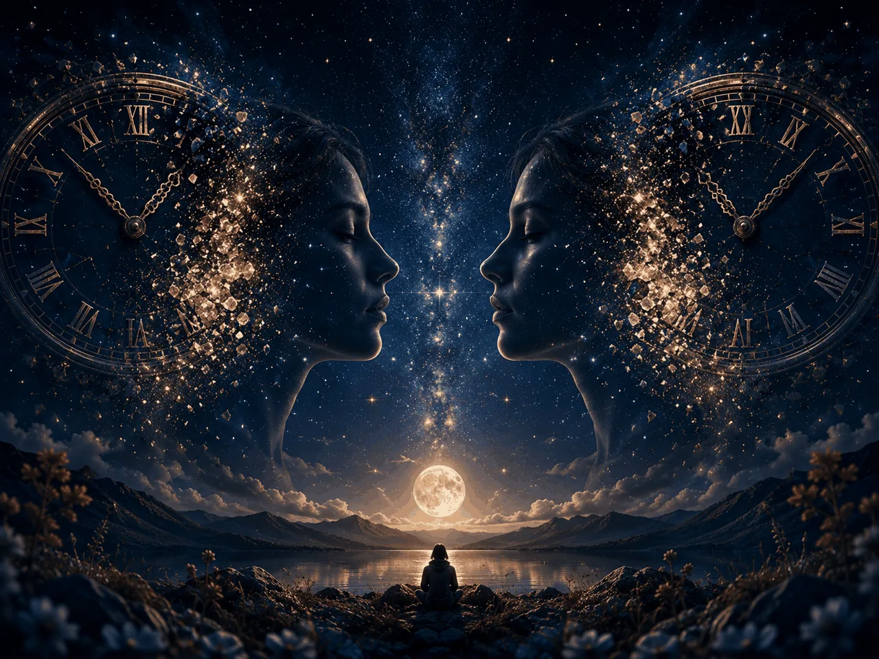 Two faces in profile mirrored under a night sky with clocks and a full moon