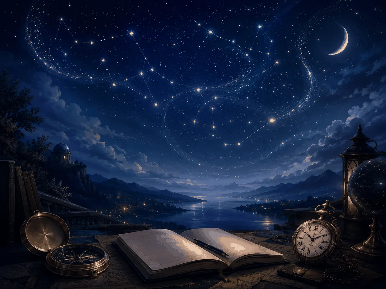 An open journal under starlight — compass and antique clock on the desk, constellations above