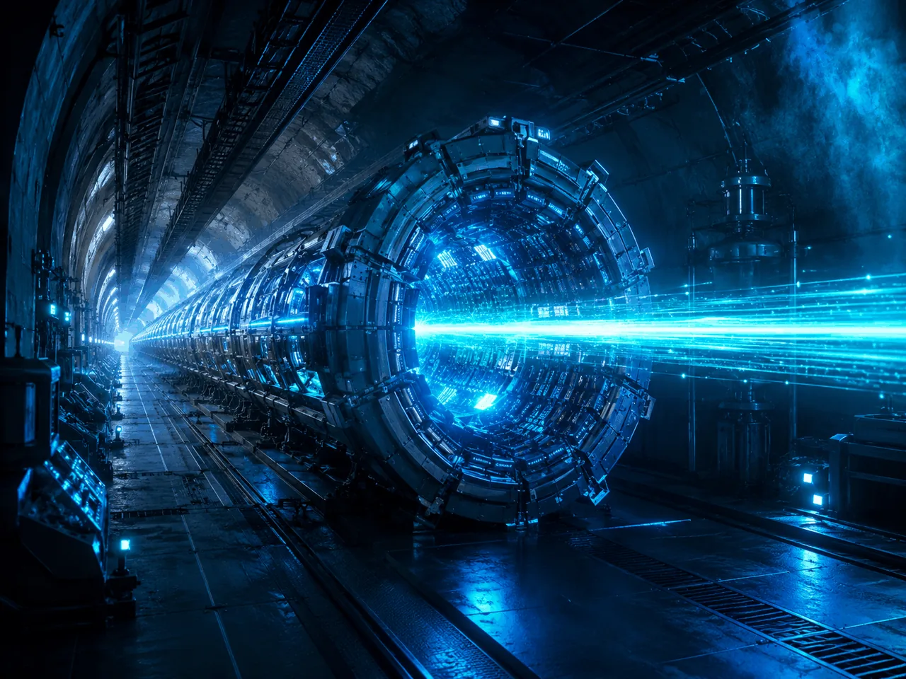 Underground tunnel with a glowing cyan particle beam — OPERA-style detector
