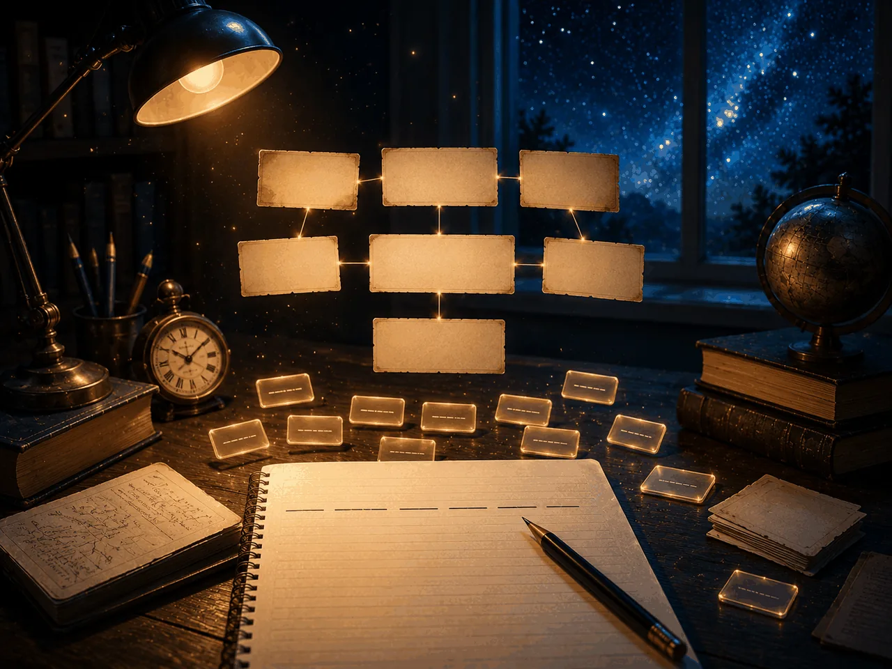 Glowing handwritten cards arranged in a flow-chart on a vintage night desk