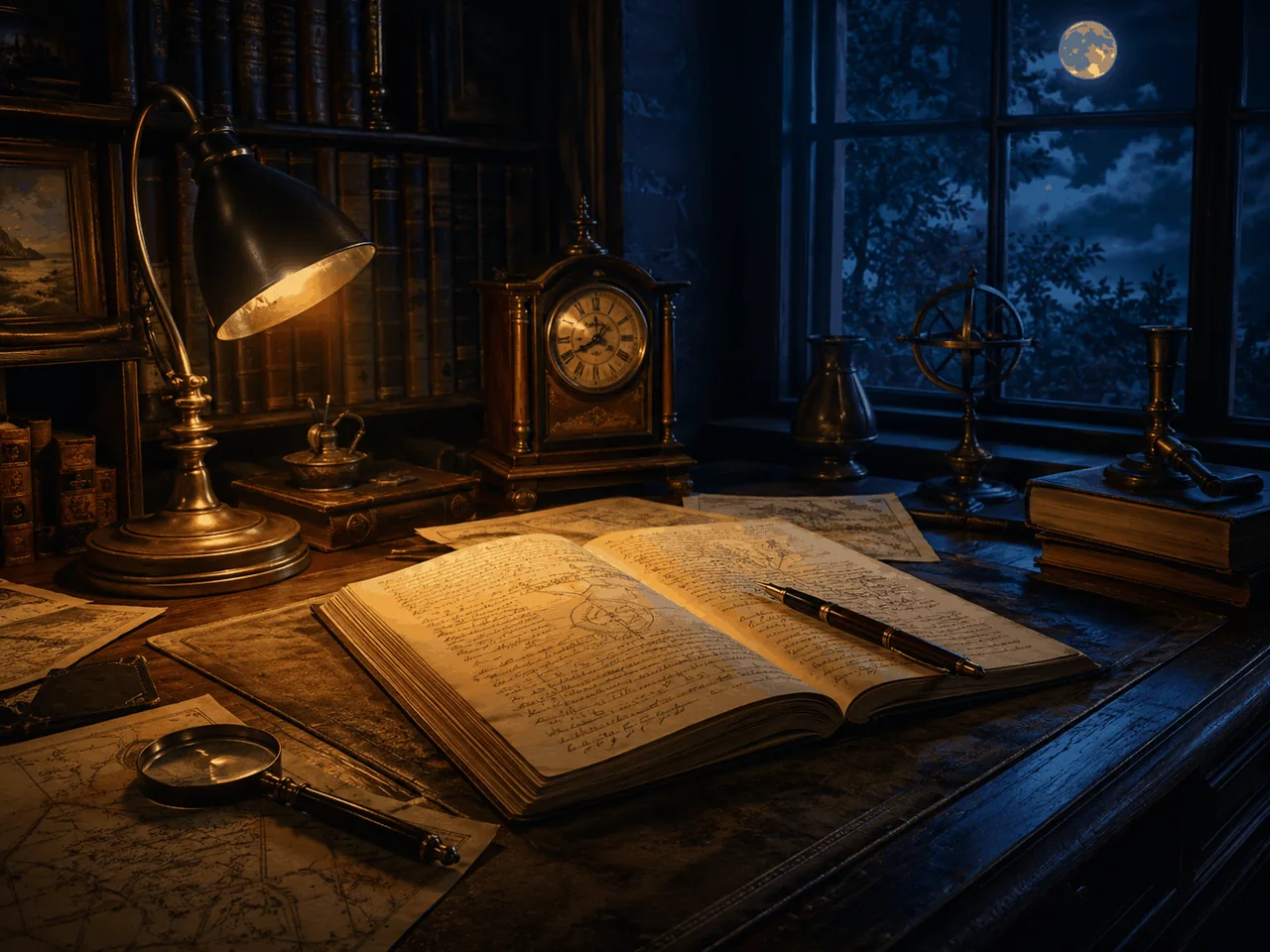 An old wooden desk by a window — a logbook open under a brass lamp, an antique clock, full moon outside
