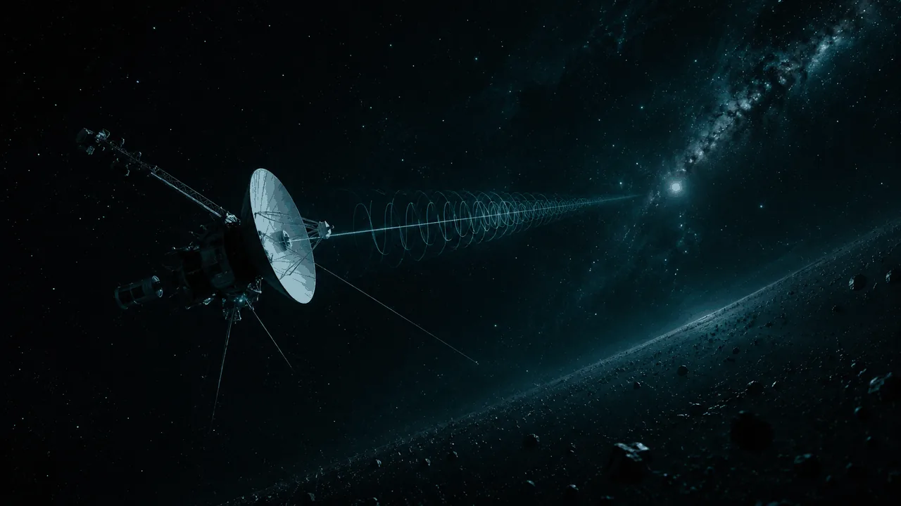 The Atacama radio dish at dawn, faint cyan radio rings rippling out, one small figure watching from the control hut door
