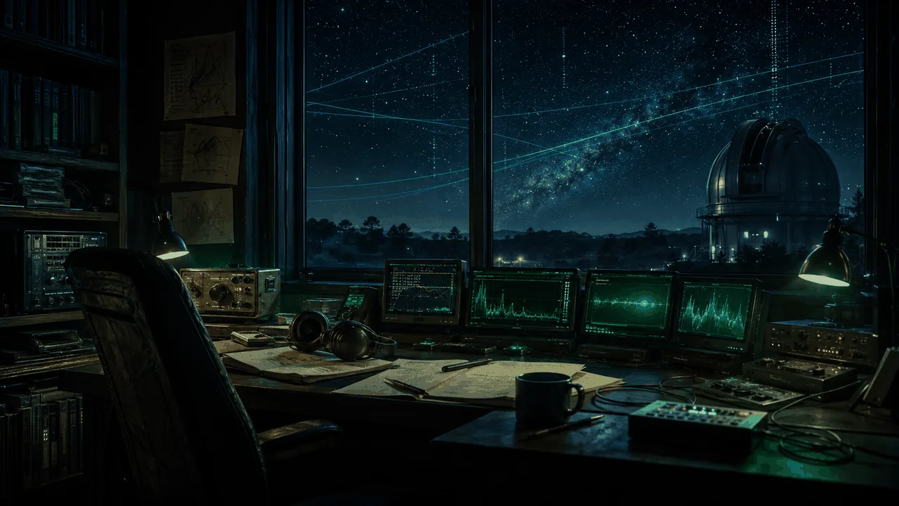 Senior scientist at a dim-lit whiteboard with the Drake equation written in chalk-marker