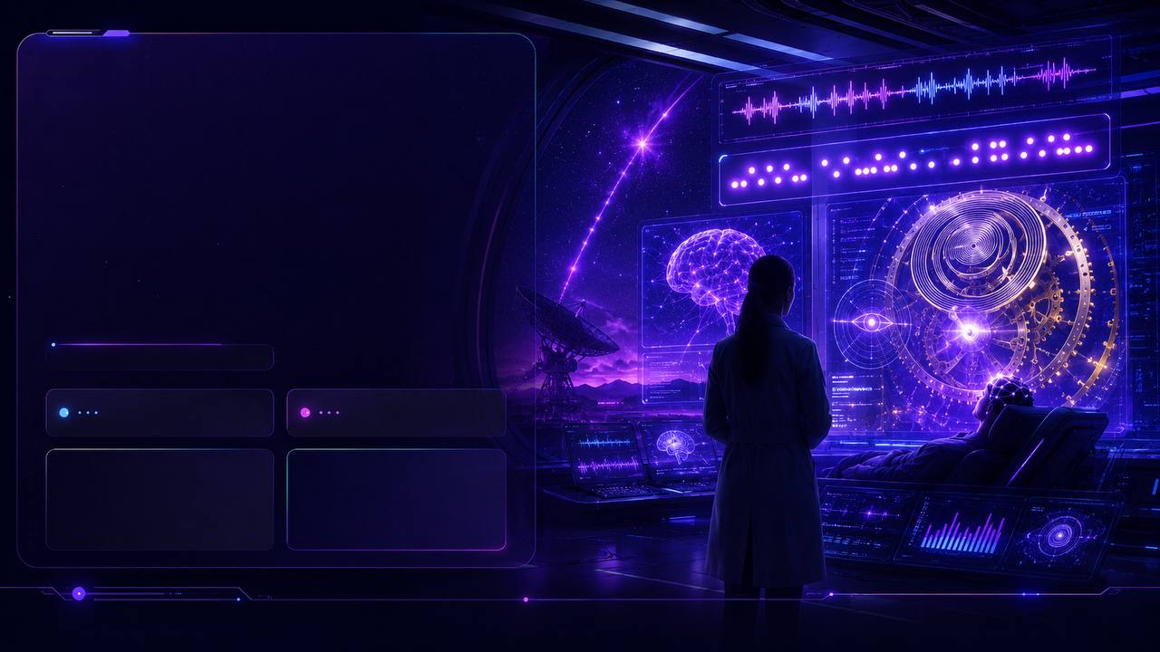 Reyes lab display: Morse dots and dashes lit up across the top of a screen with a brain and an old watch movement behind it