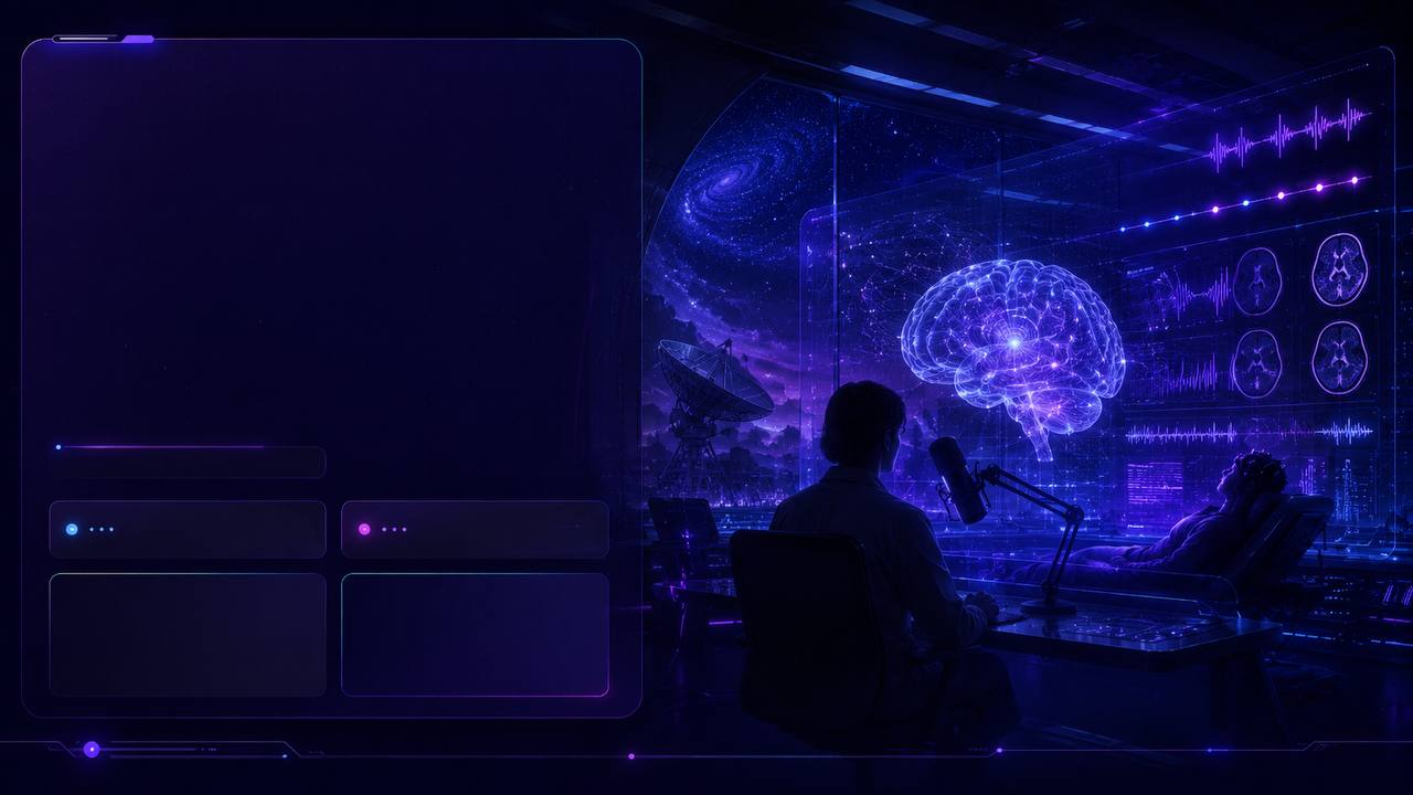 Neuroethics Tonight studio: host at the mic, brain and waveform displays, distant SETI dish through the window