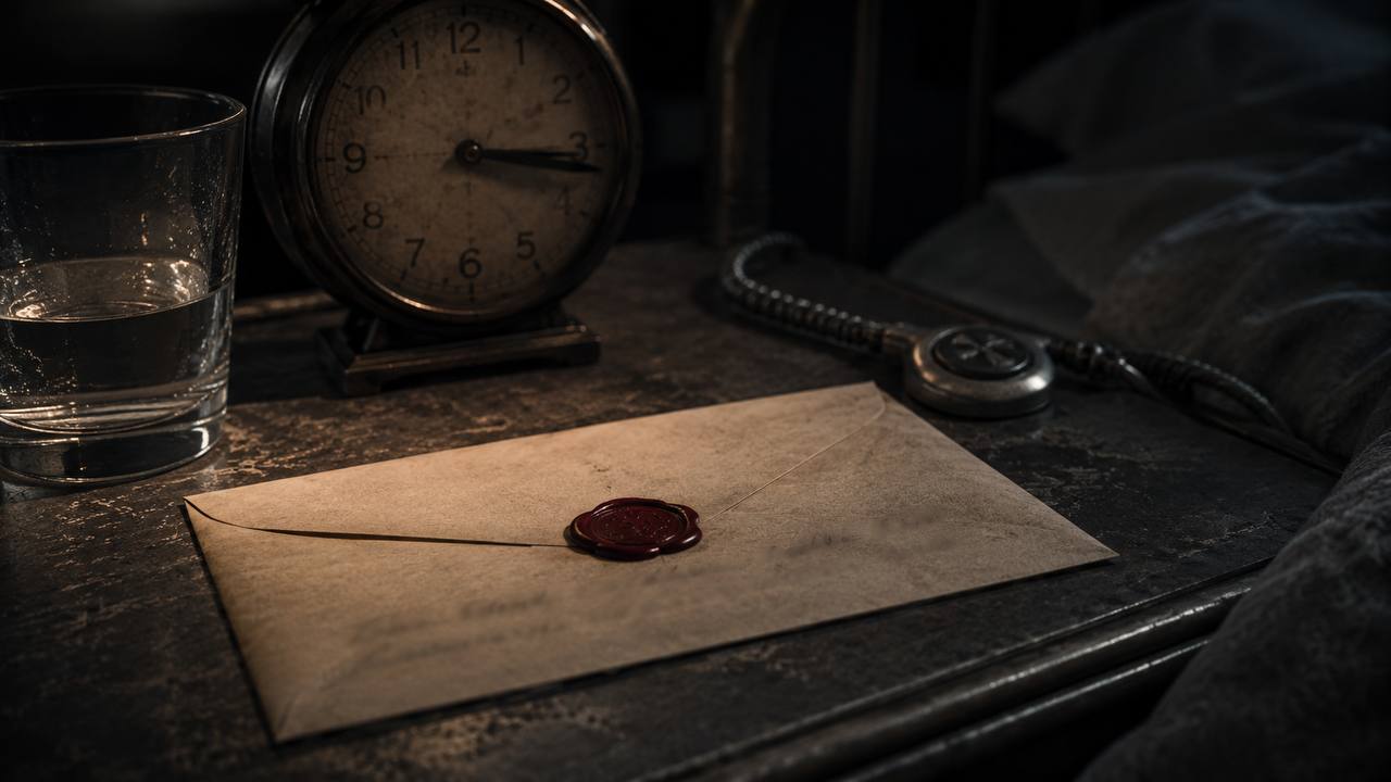 Sealed envelope with red wax seal on a bedside table, brass clock at 03:17 in the background, glass of water and call-button cord