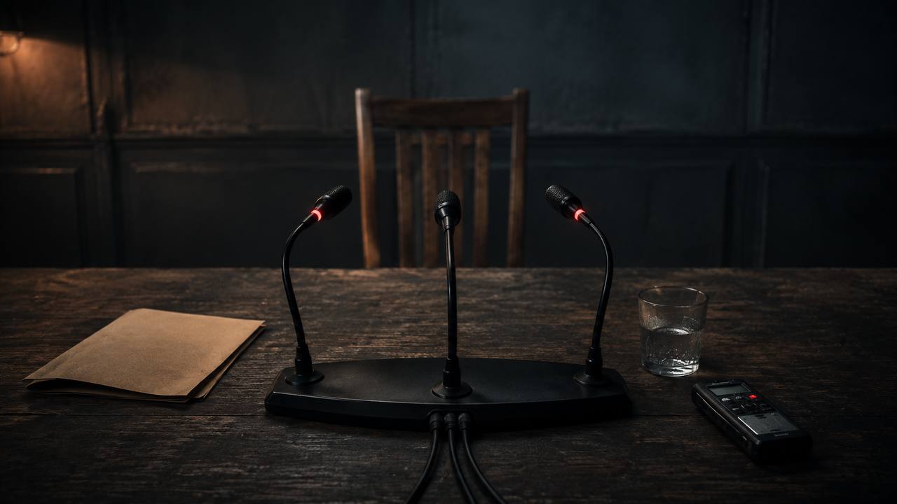 Three microphones on a wooden press conference table, an empty wooden chair behind, a folded paper press release and a digital recorder still running