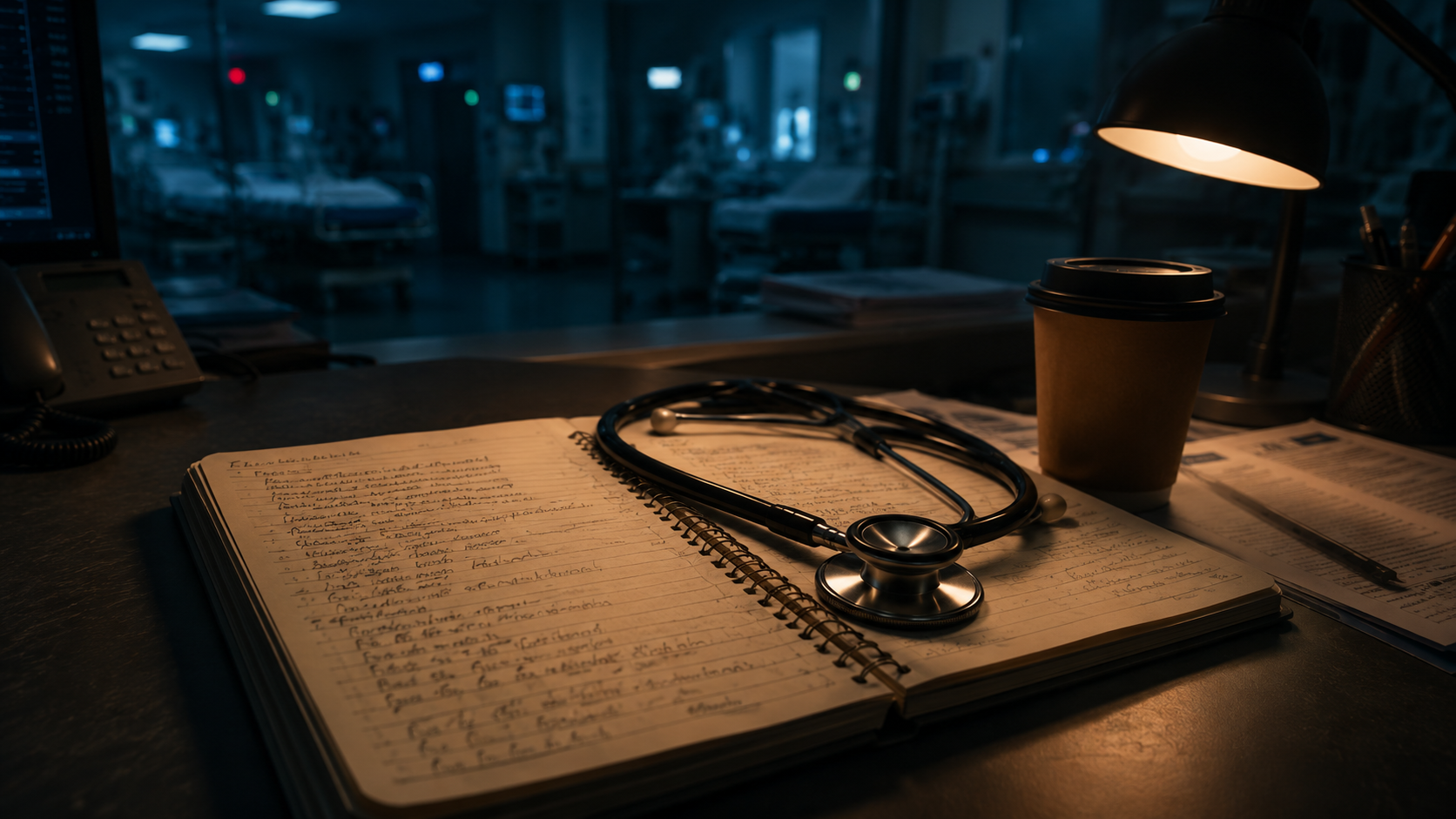 Clinical notebook with handwritten notes on symptoms and vital signs, a stethoscope on top