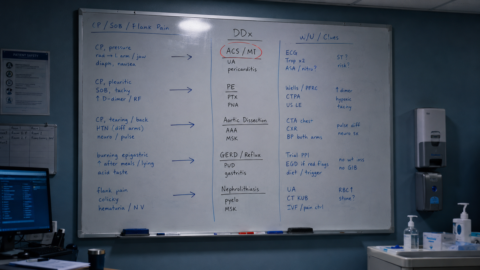 A doctor's differential-diagnosis notes on a whiteboard — arrows between symptoms and possible conditions