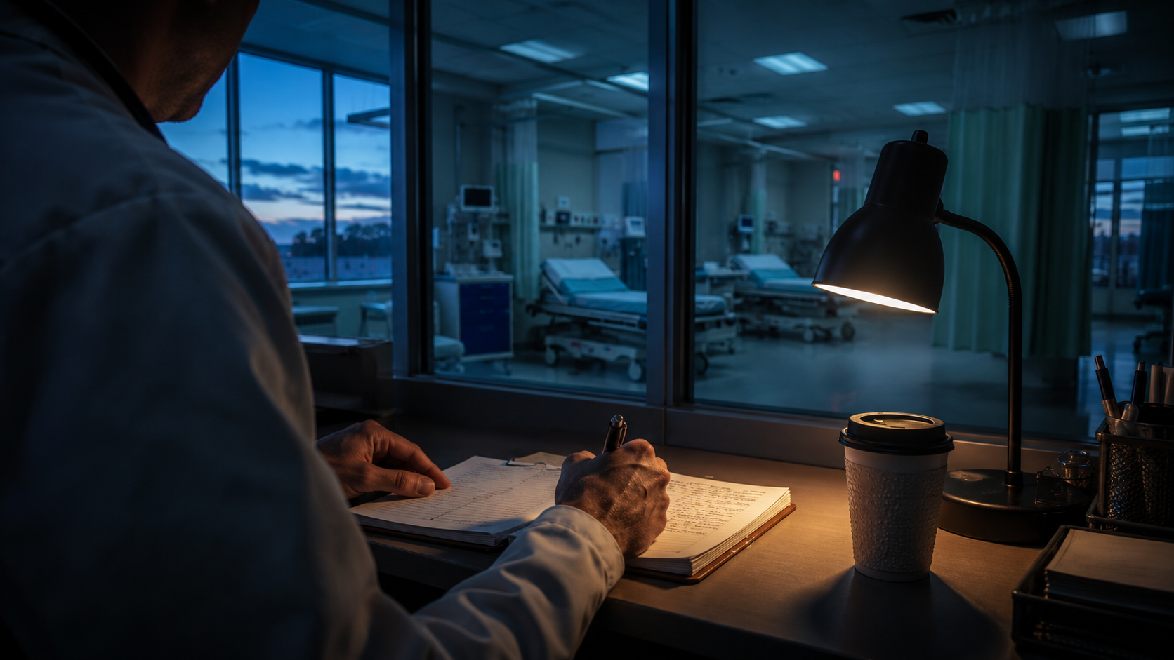 A doctor writing notes at the end of a shift — an empty ER behind, dawn light through the window