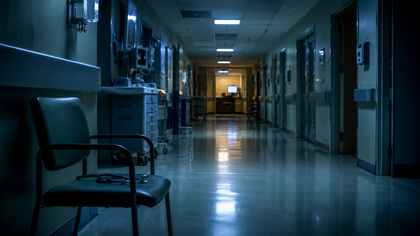 An empty ER corridor at night — fluorescent light, a monitor at the far end, a stethoscope on a chair
