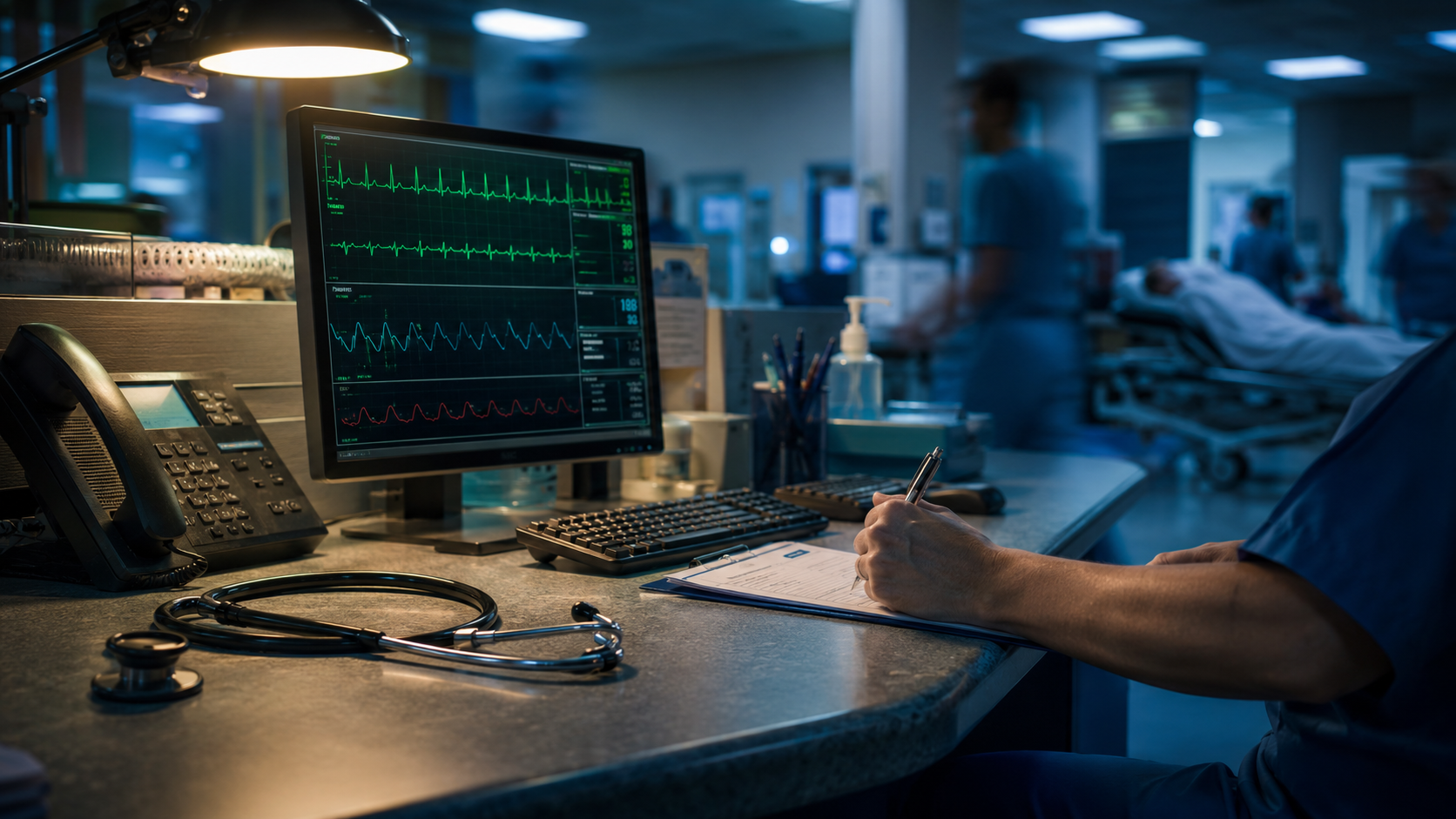 Emergency department triage desk at night — a computer screen with vital signs, a stethoscope, an attending in scrubs