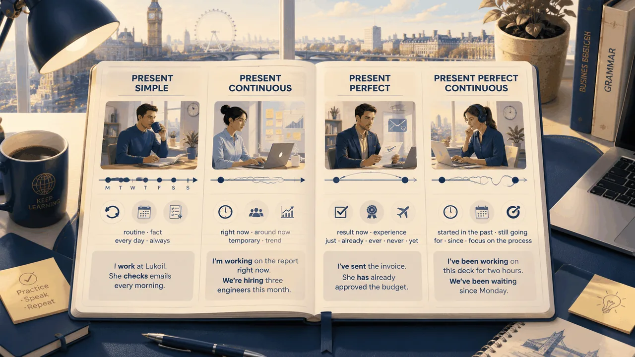 Four present tenses side by side — Simple (routine), Continuous (right now), Perfect (result now), Perfect Continuous (still going) — each with a timeline and one business example sentence.