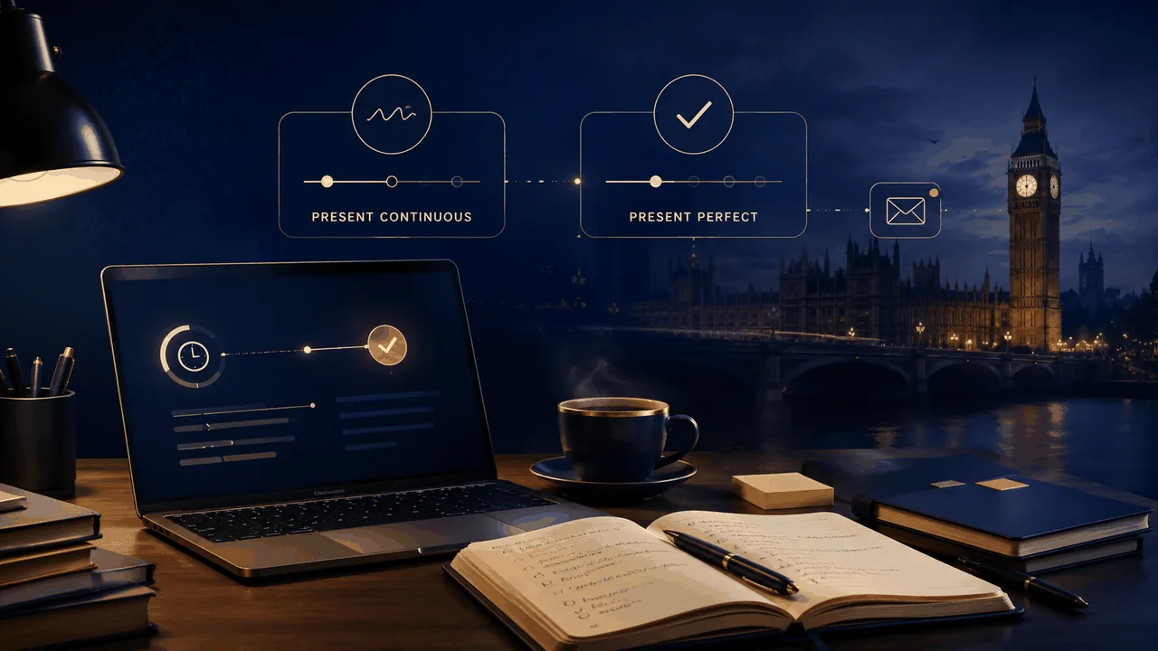 Night desk scene — laptop, notebook and coffee under Big Ben — with two connected cards: Present Continuous flowing into Present Perfect via a checkmark, showing how in-progress action becomes a completed result.